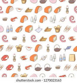 Japanese food and Seafood set. Background for printing, design, web. Usable as icons. Seamless. Colored.