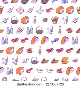 Japanese food and Seafood set. Background for printing, design, web. Usable as icons. Seamless. Colored.