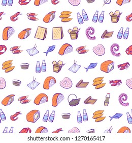 Japanese food and Seafood set. Background for printing, design, web. Usable as icons. Seamless. Colored.