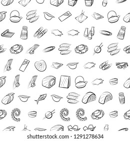 Japanese food, Seafood and Table setting set. Background for printing, design, web. Usable as icons. Seamless. Monochrome binary, black and white.