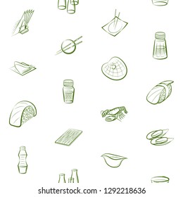 Japanese food, Seafood and Table setting set. Background for printing, design, web. Usable as icons. Seamless. Binary color.