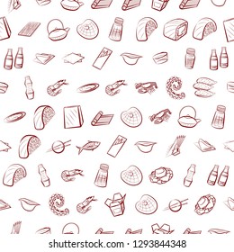 Japanese food, Seafood and Table setting set. Background for printing, design, web. Usable as icons. Seamless. Binary color.