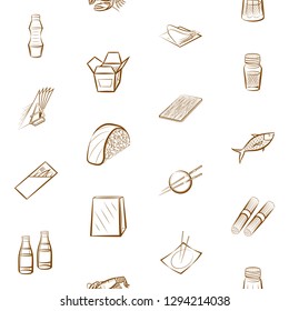 Japanese food, Seafood and Table setting set. Background for printing, design, web. Usable as icons. Seamless. Binary color.