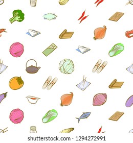 Japanese food, Seafood, Table setting and Vegetables set. Background for printing, design, web. Usable as icons. Seamless. Colored.