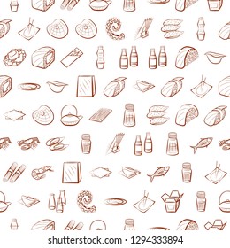 Japanese food, Seafood and Table setting set. Background for printing, design, web. Usable as icons. Seamless. Binary color.