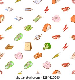 Japanese food, Seafood, Table setting and Vegetables set. Background for printing, design, web. Usable as icons. Seamless. Colored.