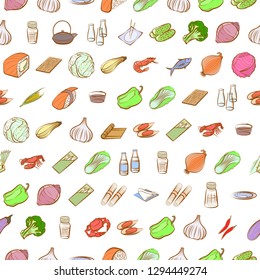 Japanese food, Seafood, Table setting and Vegetables set. Background for printing, design, web. Usable as icons. Seamless. Colored.