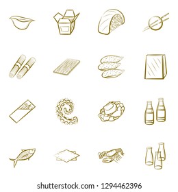 Japanese food, Seafood and Table setting set. Background for printing, design, web. Usable as icons. Binary color.