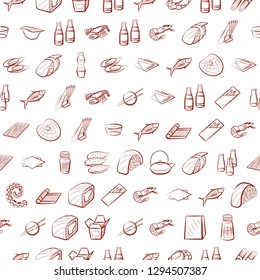 Japanese food, Seafood and Table setting set. Background for printing, design, web. Usable as icons. Seamless. Binary color.