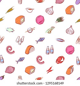 Japanese food, Seafood, Table setting and Vegetables set. Background for printing, design, web. Usable as icons. Seamless. Colored.