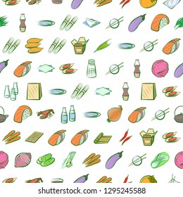 Japanese food, Seafood, Table setting and Vegetables set. Background for printing, design, web. Usable as icons. Seamless. Colored.