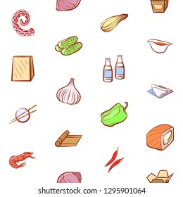 Japanese food, Seafood, Table setting and Vegetables set. Background for printing, design, web. Usable as icons. Seamless. Colored.