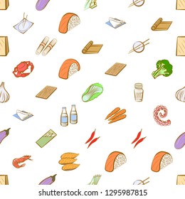 Japanese food, Seafood, Table setting and Vegetables set. Background for printing, design, web. Usable as icons. Seamless. Colored.