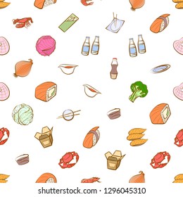 Japanese food, Seafood, Table setting and Vegetables set. Background for printing, design, web. Usable as icons. Seamless. Colored.