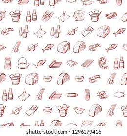 Japanese food, Seafood and Table setting set. Background for printing, design, web. Usable as icons. Seamless. Binary color.