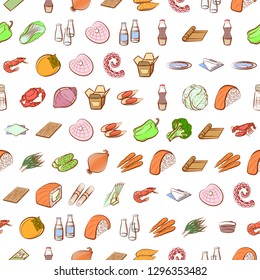Japanese food, Seafood, Table setting and Vegetables set. Background for printing, design, web. Usable as icons. Seamless. Colored.