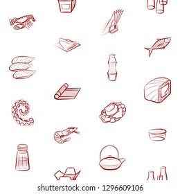 Japanese food, Seafood and Table setting set. Background for printing, design, web. Usable as icons. Seamless. Binary color.
