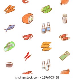 Japanese food, Seafood, Table setting and Vegetables set. Background for printing, design, web. Usable as icons. Seamless. Colored.