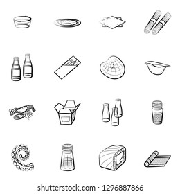 Japanese food, Seafood and Table setting set. Background for printing, design, web. Usable as icons. Monochrome binary, black and white.