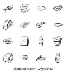 Japanese food, Seafood and Table setting set. Background for printing, design, web. Usable as icons. Monochrome binary, black and white.