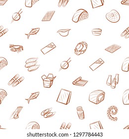 Japanese food, Seafood and Table setting set. Background for printing, design, web. Usable as icons. Seamless. Binary color.
