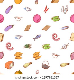 Japanese food, Seafood, Table setting and Vegetables set. Background for printing, design, web. Usable as icons. Seamless. Colored.