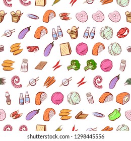 Japanese food, Seafood, Table setting and Vegetables set. Background for printing, design, web. Usable as icons. Seamless. Colored.
