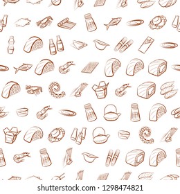 Japanese food, Seafood and Table setting set. Background for printing, design, web. Usable as icons. Seamless. Binary color.