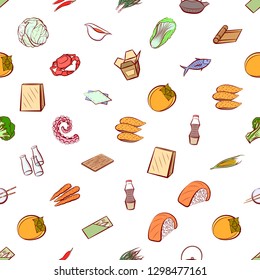 Japanese food, Seafood, Table setting and Vegetables set. Background for printing, design, web. Usable as icons. Seamless. Colored.