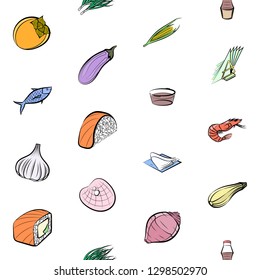 Japanese food, Seafood, Table setting and Vegetables set. Background for printing, design, web. Usable as icons. Seamless. Colored.