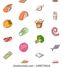 Japanese food, Seafood, Table setting and Vegetables set. Background for printing, design, web. Usable as icons. Seamless. Colored.