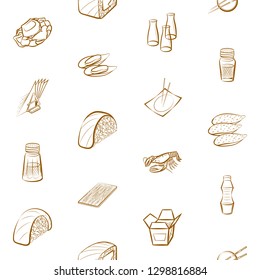 Japanese food, Seafood and Table setting set. Background for printing, design, web. Usable as icons. Seamless. Binary color.