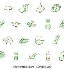 Japanese food, Seafood and Table setting set. Background for printing, design, web. Usable as icons. Seamless. Binary color.