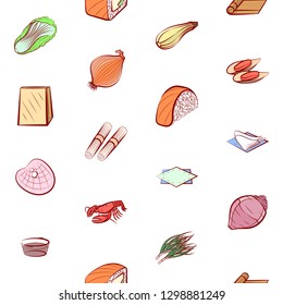 Japanese food, Seafood, Table setting and Vegetables set. Background for printing, design, web. Usable as icons. Seamless. Colored.