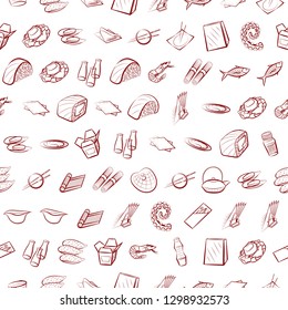 Japanese food, Seafood and Table setting set. Background for printing, design, web. Usable as icons. Seamless. Binary color.