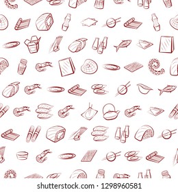 Japanese food, Seafood and Table setting set. Background for printing, design, web. Usable as icons. Seamless. Binary color.