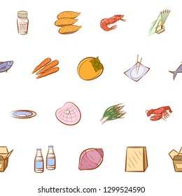 Japanese food, Seafood, Table setting and Vegetables set. Background for printing, design, web. Usable as icons. Seamless. Colored.