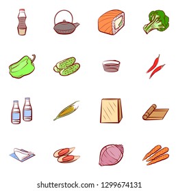 Japanese food, Seafood, Table setting and Vegetables set. Background for printing, design, web. Usable as icons. Colored.