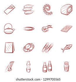 Japanese food, Seafood and Table setting set. Background for printing, design, web. Usable as icons. Binary color.