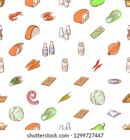 Japanese food, Seafood, Table setting and Vegetables set. Background for printing, design, web. Usable as icons. Seamless. Colored.