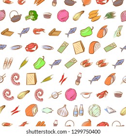Japanese food, Seafood, Table setting and Vegetables set. Background for printing, design, web. Usable as icons. Seamless. Colored.