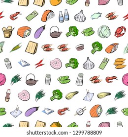Japanese food, Seafood, Table setting and Vegetables set. Background for printing, design, web. Usable as icons. Seamless. Colored.