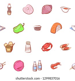 Japanese food, Seafood, Table setting and Vegetables set. Background for printing, design, web. Usable as icons. Seamless. Colored.