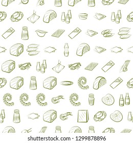 Japanese food, Seafood and Table setting set. Background for printing, design, web. Usable as icons. Seamless. Binary color.