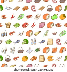 Japanese food, Seafood, Table setting and Vegetables set. Background for printing, design, web. Usable as icons. Seamless. Colored.