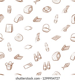 Japanese food, Seafood and Table setting set. Background for printing, design, web. Usable as icons. Seamless. Binary color.