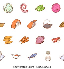 Japanese food, Seafood, Table setting and Vegetables set. Background for printing, design, web. Usable as icons. Seamless. Colored.
