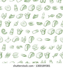 Japanese food, Seafood and Table setting set. Background for printing, design, web. Usable as icons. Seamless. Binary color.