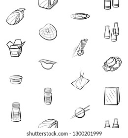 Japanese food, Seafood and Table setting set. Background for printing, design, web. Usable as icons. Seamless. Monochrome binary, black and white.