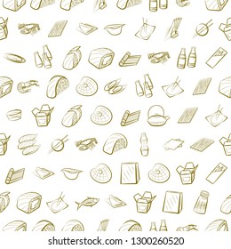 Japanese food, Seafood and Table setting set. Background for printing, design, web. Usable as icons. Seamless. Binary color.